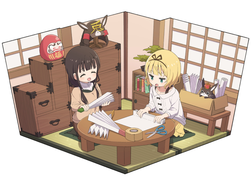 2girls anko_(gochiusa) aqua_eyes armor black_hairband blonde_hair blunt_bangs bonsai book box breasts brown_hair brown_skirt brown_sweater buttons cardboard_box chest_of_drawers closed_eyes collarbone commentary_request crown cushion daruma_doll folding frilled_shirt_collar frills full_body gochuumon_wa_usagi_desu_ka? hairband hand_fan helmet holding holding_fan in_box in_container indoors japanese_armor kabuto_(helmet) kirima_syaro long_hair long_sleeves looking_at_another low_twintails mini_crown mohei multiple_girls no_shoes open_mouth paper paper_fan rabbit scissors seiza shirt short_hair simple_background sitting skirt small_breasts smile sweater tape tatami twintails ujimatsu_chiya white_background white_shirt white_sweater window yellow_skirt