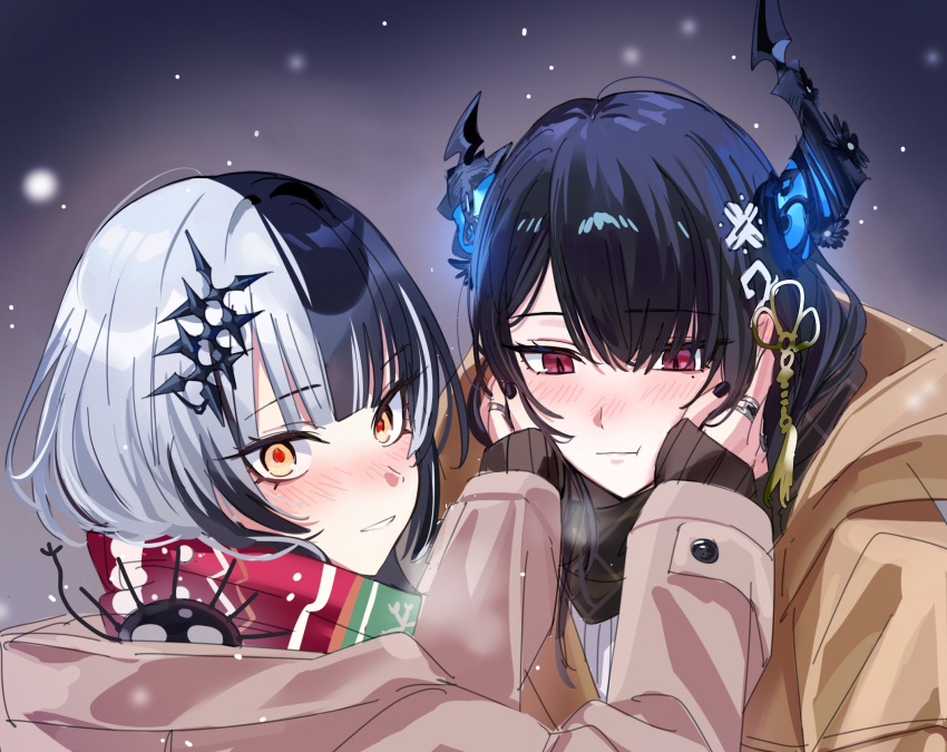 2girls asymmetrical_horns black_hair black_nails black_scarf blush brown_coat coat demon_horns green_scarf hand_on_another's_cheek hand_on_another's_face highres hololive hololive_english horns jewelry long_hair looking_at_viewer mole mole_under_eye multicolored_clothes multicolored_hair multicolored_scarf multiple_girls nail_polish nerissa_ravencroft red_scarf ring scarf shiori_novella smile snow split-color_hair virtual_youtuber white_coat white_hair yellow_eyes yomosaka yorick_(shiori_novella)