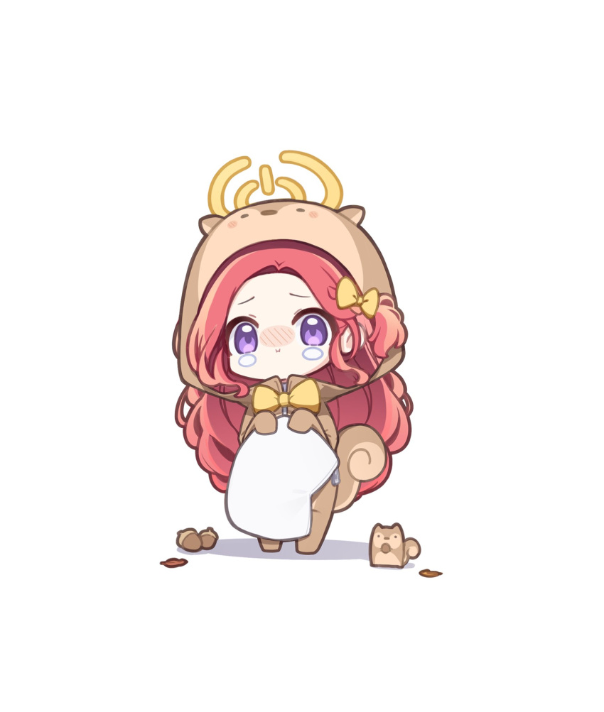 1girl acorn animal animal_costume blue_archive blush chibi closed_mouth danble full_body halo highres leaf long_hair nose_blush redhead simple_background solo squirrel standing tears violet_eyes white_background yellow_halo yuzu_(blue_archive)
