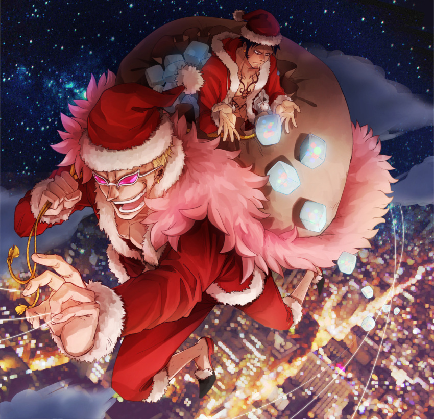 2boys black_hair blonde_hair capri_pants cheese_neko3 chest_tattoo city_lights closed_mouth coat donquixote_doflamingo facial_hair feather_coat flying fur_trim gift_bag goatee hat highres male_focus multiple_boys night night_sky one_piece open_clothes open_mouth outdoors pants pink_coat santa_costume santa_hat short_hair sideburns size_difference sky smile sunglasses tattoo teeth thread trafalgar_law