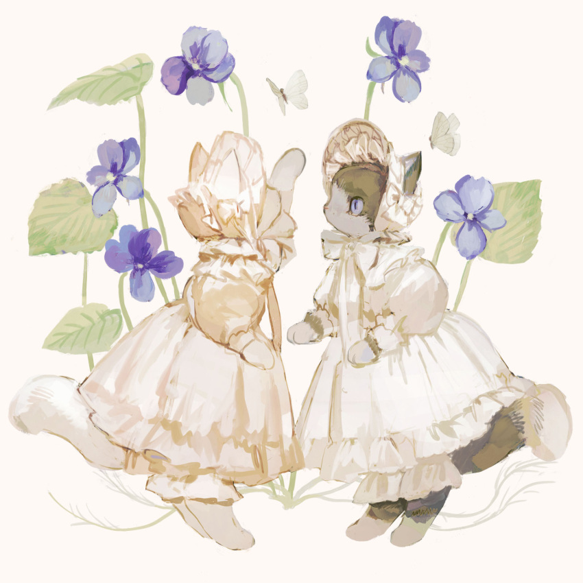 animal animal_focus barefoot blue_eyes blue_flower bonnet bow bug butterfly cat clothed_animal dress ears_through_headwear flower frilled_bonnet frilled_dress frilled_sleeves frills full_body highres layered_dress long_dress looking_at_another neck_ribbon no_humans original pink_bow pink_dress pink_ribbon ribbon slit_pupils standing tono_(rt0no) white_bow white_butterfly white_dress white_ribbon