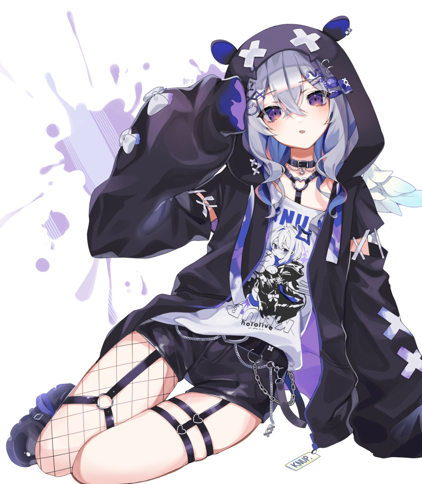 1girl absurdres amane_kanata amane_kanata_(6th_costume) angel_wings animal_hood arm_support bear_hair_ornament black_collar black_footwear black_jacket black_shorts blue_hair blue_wings blush boots character_print chest_harness collar colored_inner_hair commentary crossed_bangs detached_sleeves double-parted_bangs feathered_wings fishnet_pantyhose fishnets full_body gradient_wings grey_hair hair_ornament hairclip hand_up harness heart_o-ring highres hololive hood hooded_jacket jacket long_sleeves looking_at_viewer medium_hair mini_wings multicolored_hair multicolored_wings o-ring o-ring_harness o-ring_thigh_strap official_alternate_costume official_alternate_hairstyle open_clothes open_jacket open_mouth paint_splatter pantyhose print_shirt puffy_long_sleeves puffy_sleeves punk self_character_print shirt short_shorts shorts single_leg_pantyhose sitting sleeves_past_fingers sleeves_past_wrists solo thigh_strap violet_eyes virtual_youtuber wavy_hair white_shirt white_wings wings x_hair_ornament xivi9 yokozuwari