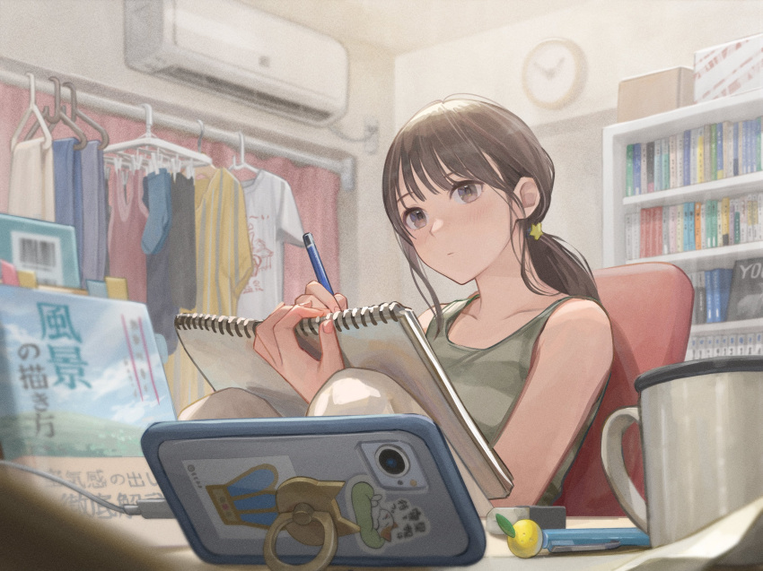 1girl absurdres air_conditioner apartment bare_shoulders blush book bookshelf brown_eyes brown_hair cellphone charging_device clock closed_mouth collarbone commentary cup drying drying_clothes eraser fingernails green_tank_top hair_behind_ear hair_ornament highres holding holding_pencil holding_sketchbook knees_up laundry long_hair looking_at_phone mug original pants pencil phone pink_nails ponytail sidelocks sitting sketchbook smartphone smartphone_case solo star_(symbol) star_hair_ornament tank_top utaka_(anyoanyot) white_pants