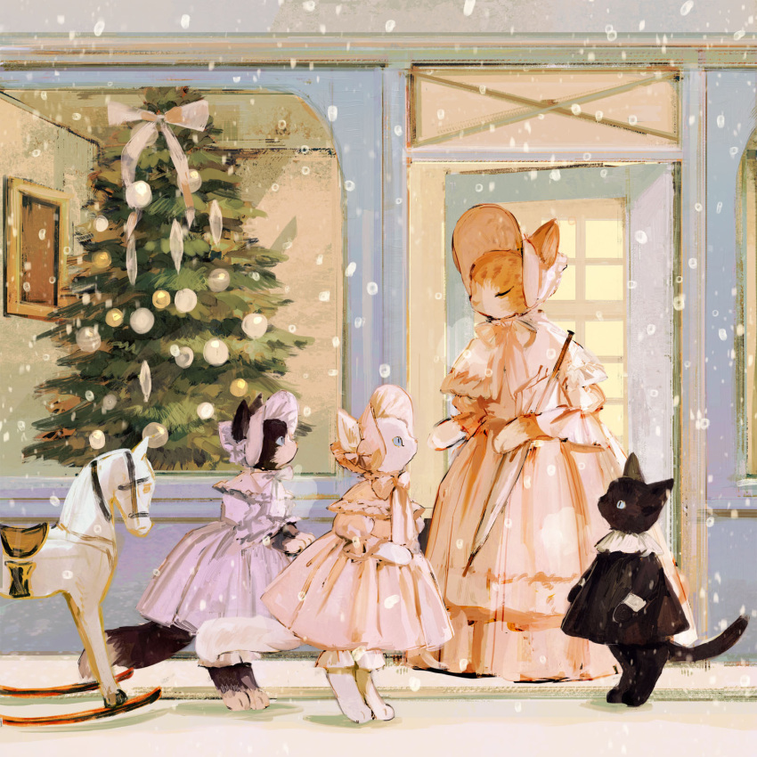 1other 3girls animal animal_focus barefoot bauble black_cat blue_eyes bonnet bow cat christmas_tree closed_eyes clothed_animal dress ears_through_headwear frilled_bonnet frilled_dress frilled_sleeves frills full_body highres layered_dress long_dress multiple_girls neck_ribbon no_humans original outdoors pink_bow pink_dress pink_ribbon purple_bow purple_dress purple_ribbon ribbon rocking_horse sleeve_cuffs slit_pupils snow tono_(rt0no) toto_noir white_bow