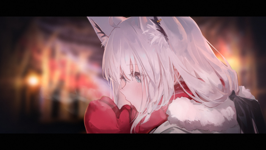 1girl absurdres animal_ears aqua_hair black_bord blurry blurry_background braid breath casual coat earrings fox_ears fox_girl fur_trim grin hair_between_eyes highres hololive hyde_(tabakko) jewelry long_hair looking_at_viewer mittens open_mouth red_mittens red_scarf scarf shirakami_fubuki side_braid single_braid single_earring smile solo upper_body virtual_youtuber white_hair winter winter_clothes