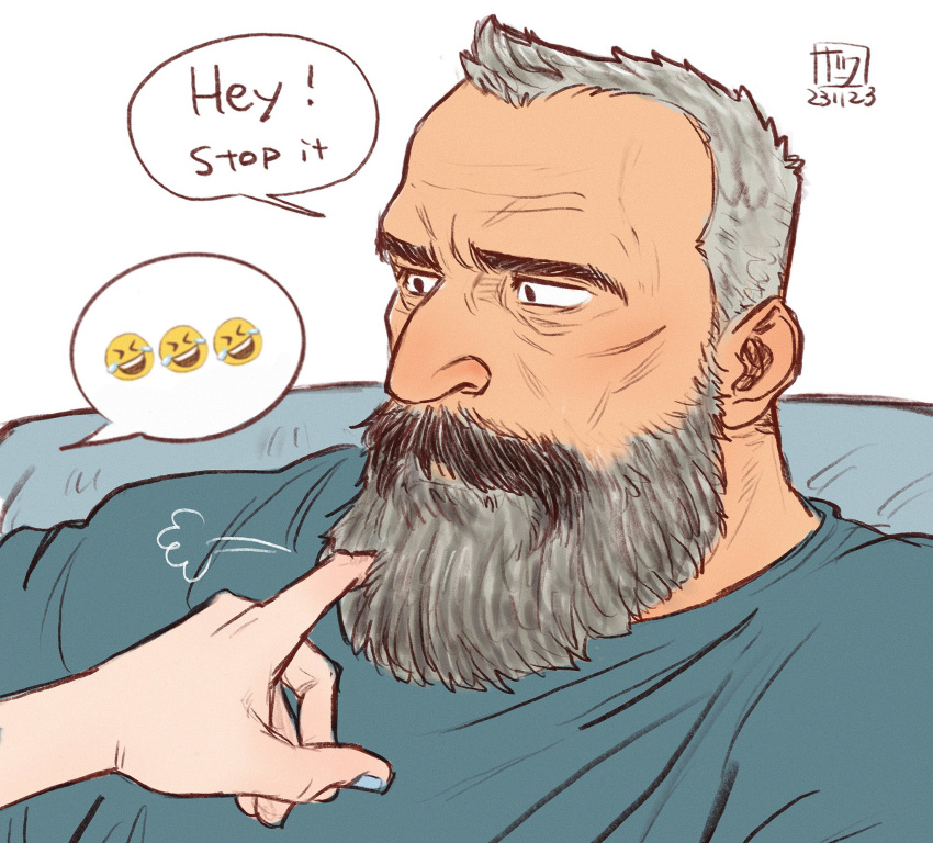 1boy 1girl aaron_gruber_(o_natsuo88) beard beard_stubble blue_shirt emoji english_text facial_hair grey_hair highres long_beard madison_(o_natsuo88) male_focus mature_male mustache o_natsuo88 old old_man original out_of_frame receding_hairline scar scar_on_cheek scar_on_face shirt short_hair simple_background speech_bubble thick_beard thick_eyebrows thick_mustache upper_body white_background wrinkled_skin