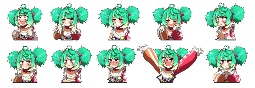 &gt;_o 1girl ;) ;d absurdres ahoge arms_up blush clown clown_nose commentary coni_confetti ddolbang double_bun expressions facial_mark gradient_hair green_hair grin hair_bun heart heart_ahoge highres idol_corp jacket long_sleeves multicolored_clothes multicolored_hair multicolored_jacket multiple_views neck_ruff one_eye_closed open_clothes open_jacket open_mouth pov_doorway red_eyes red_jacket sharp_teeth simple_background smile teeth transparent_background twintails two-tone_jacket virtual_youtuber