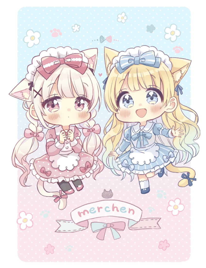 2girls :d animal_ear_fluff animal_ears apron black_pantyhose blonde_hair blue_bow blue_dress blue_eyes blue_footwear blush bow cat_ears cat_girl cat_tail chibi closed_mouth commentary_request dress frilled_dress frills grey_hair hair_bow highres juliet_sleeves long_hair long_sleeves low_twintails maid_headdress multiple_girls original pantyhose pink_bow pink_dress pink_eyes pink_footwear polka_dot polka_dot_background puffy_long_sleeves puffy_sleeves sakura_oriko shoes smile socks tail twintails very_long_hair white_apron white_socks