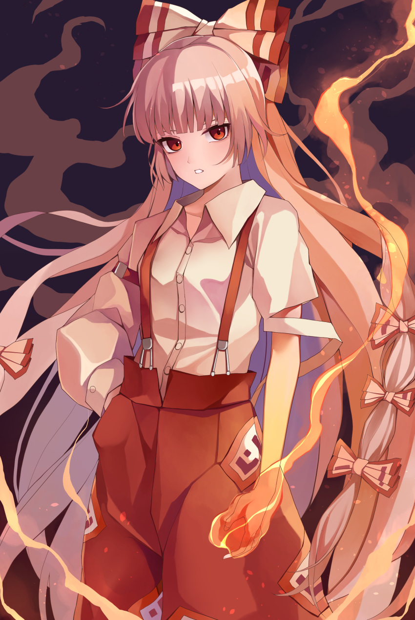 1girl absurdres baggy_pants blush bow buttons collared_shirt fire fujiwara_no_mokou grey_hair hair_bow hand_in_pocket highres koizumo long_hair looking_at_viewer open_mouth pants red_eyes red_pants shirt sleeve_garter solo touhou white_bow white_shirt