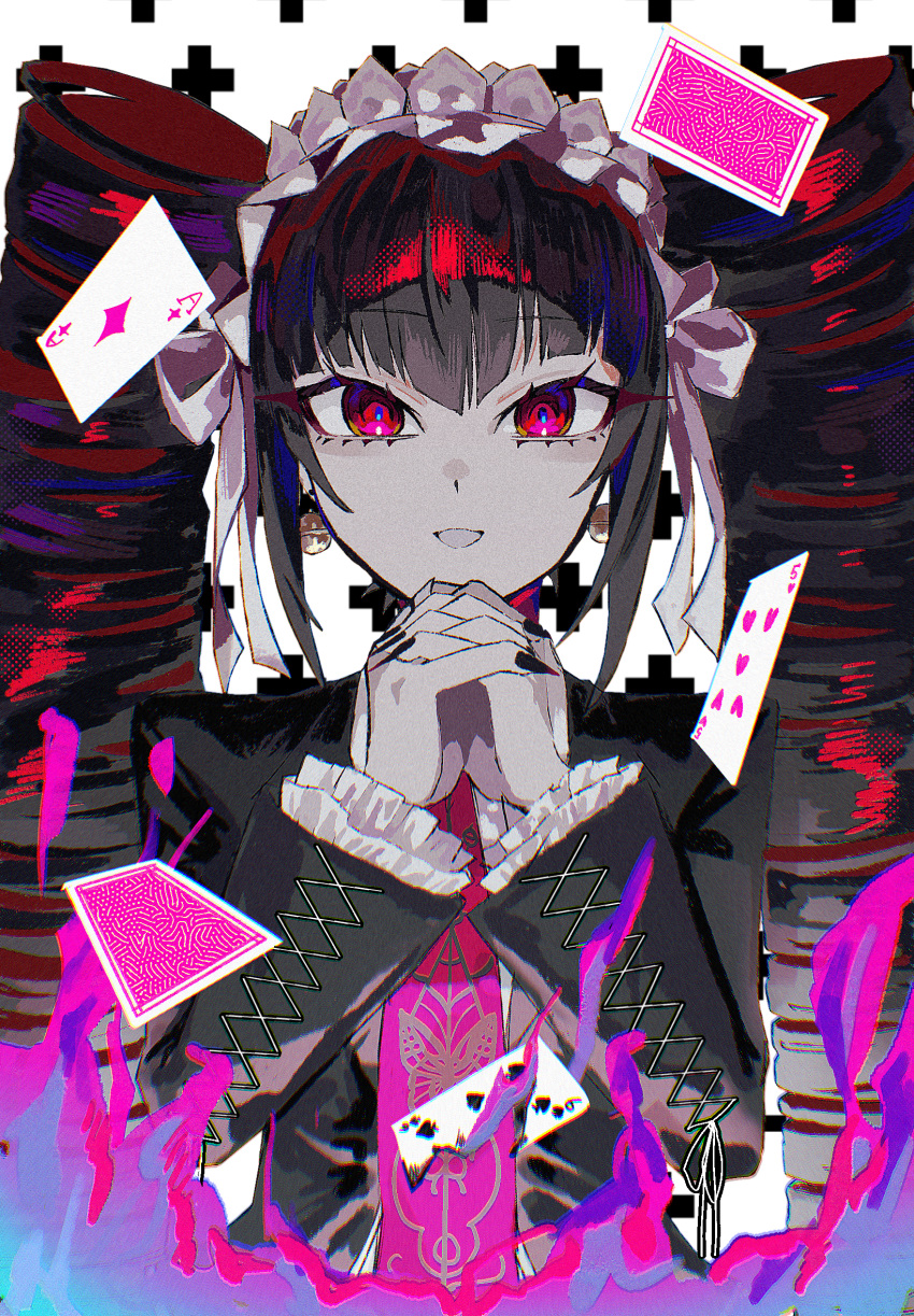 1girl :d black_hair black_jacket black_nails card celestia_ludenberg danganronpa:_trigger_happy_havoc danganronpa_(series) drill_hair earrings fire frilled_jacket frills gothic_lolita hands_up headdress highres jacket jewelry kaiko_(pixiv_42903528) lolita_fashion long_sleeves looking_at_viewer nail_polish necktie own_hands_clasped own_hands_together pink_fire playing_card red_eyes red_necktie smile solo twin_drills white_background