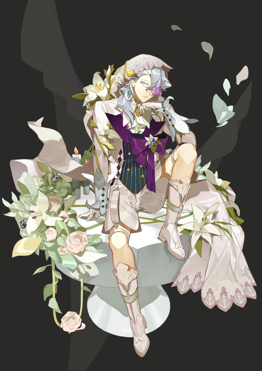 1boy absurdres alternate_costume black_background black_gemstone boots bow buttons candle caviar_(food_fantasy) closed_mouth cuff_links double-breasted expressionless falling_petals flower flower_over_eye food_fantasy frilled_shirt frills full_body gem gloves grey_hair hair_over_one_eye head_rest highres j_na jacket knee_up lapels leaf lily_(flower) long_sleeves looking_at_viewer male_focus one_eye_covered pedestal petals plant purple_bow purple_flower purple_rose rose shirt shorts sitting solo thigh_strap veil vines violet_eyes white_flower white_footwear white_gloves white_jacket white_lily white_rose white_shirt white_shorts white_veil