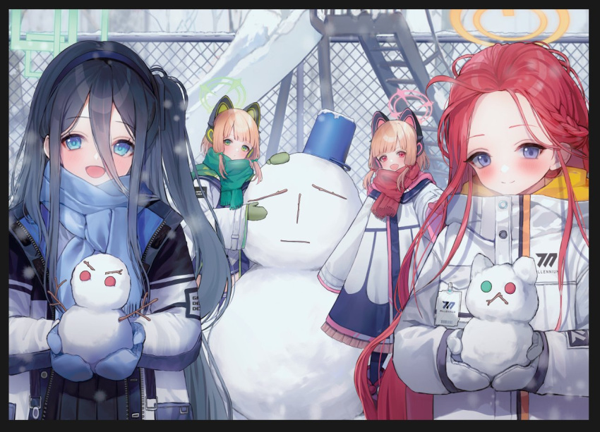 4girls animal_ears aris_(blue_archive) black_hair black_skirt blonde_hair blue_archive blue_eyes blue_gloves blush braid braided_bangs cat_ears chain-link_fence closed_mouth commentary double-parted_bangs fake_animal_ears fence forehead game_development_department_(blue_archive) gloves green_eyes green_gloves green_halo green_scarf hair_between_eyes halo hanato_(seonoaiko) holding_snowman jacket long_bangs long_hair looking_at_viewer midori_(blue_archive) momoi_(blue_archive) multiple_girls one_side_up open_clothes open_jacket open_mouth outdoors parted_bangs pink_halo playground pleated_skirt red_eyes red_scarf redhead scarf short_hair skirt sleeves_past_fingers sleeves_past_wrists slide smile snow snowing snowman violet_eyes white_gloves white_jacket winter_clothes yellow_halo yuzu_(blue_archive)
