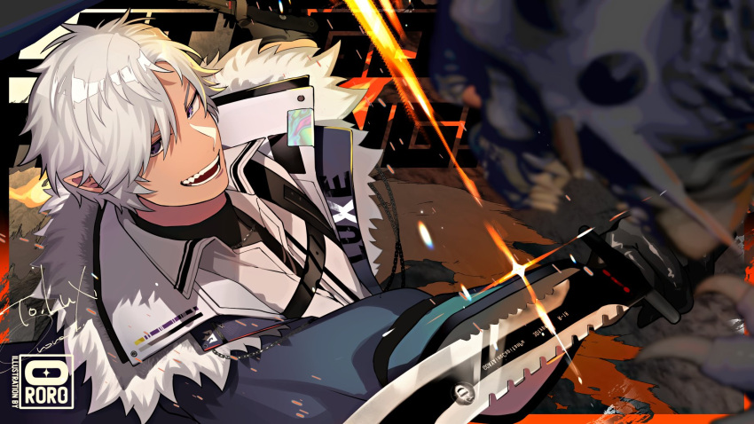 1boy artist_logo bishounen black_shirt chain character_name coat from_side glint grey_coat grey_hair hair_between_eyes highres holding holding_sword holding_weapon indie_virtual_youtuber looking_at_viewer male_focus melorius_lux monster ororooops pointy_ears shirt short_hair solo sword sword_writing teeth violet_eyes virtual_youtuber weapon white_coat