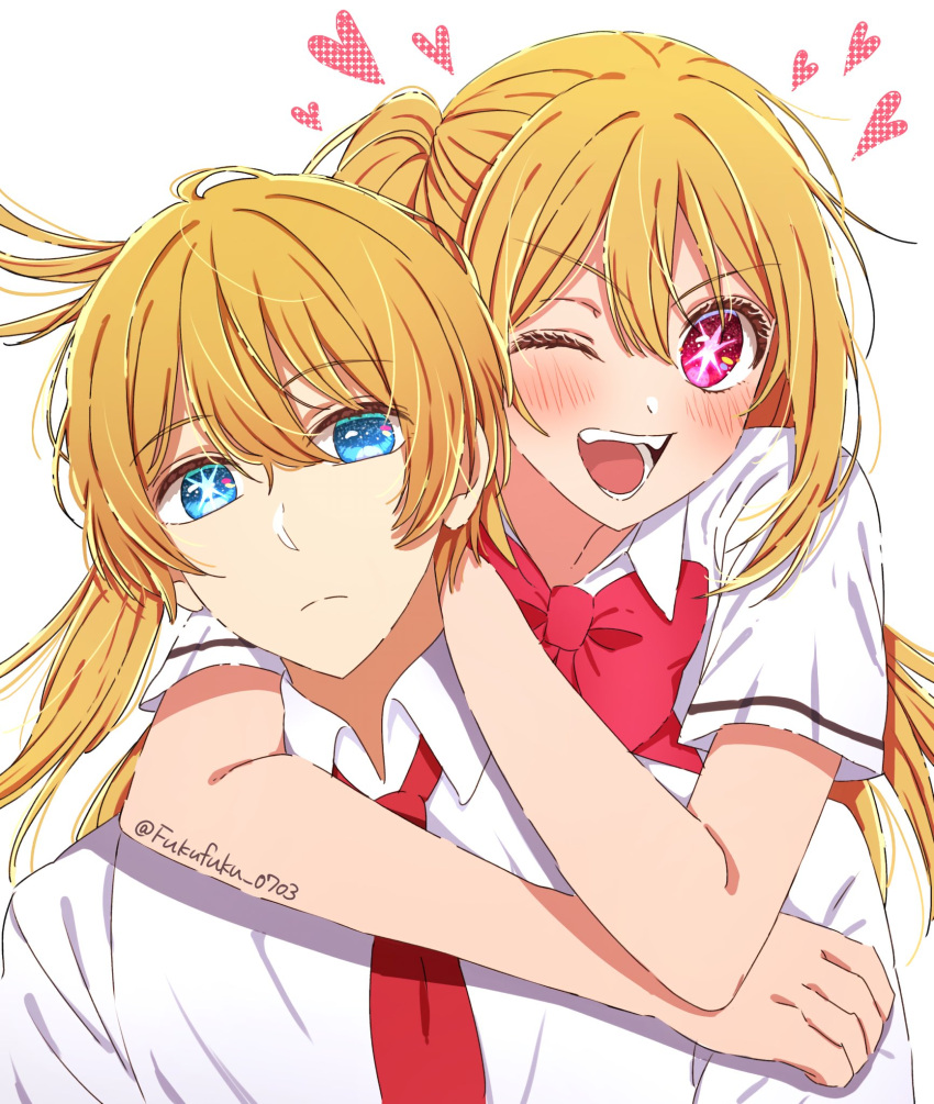 1boy 1girl blonde_hair blue_eyes blush bow bowtie brother_and_sister collared_shirt commentary floating_hair fuku_(fukufuku_0703) hair_between_eyes heart highres hoshino_aquamarine hoshino_ruby hug hug_from_behind long_hair looking_at_viewer necktie no_pupils one_eye_closed one_side_up open_mouth oshi_no_ko pink_bow pink_bowtie pink_eyes red_necktie shirt short_hair short_sleeves siblings sidelocks simple_background smile star-shaped_pupils star_(symbol) symbol-shaped_pupils teeth twins twitter_username upper_body white_background white_shirt