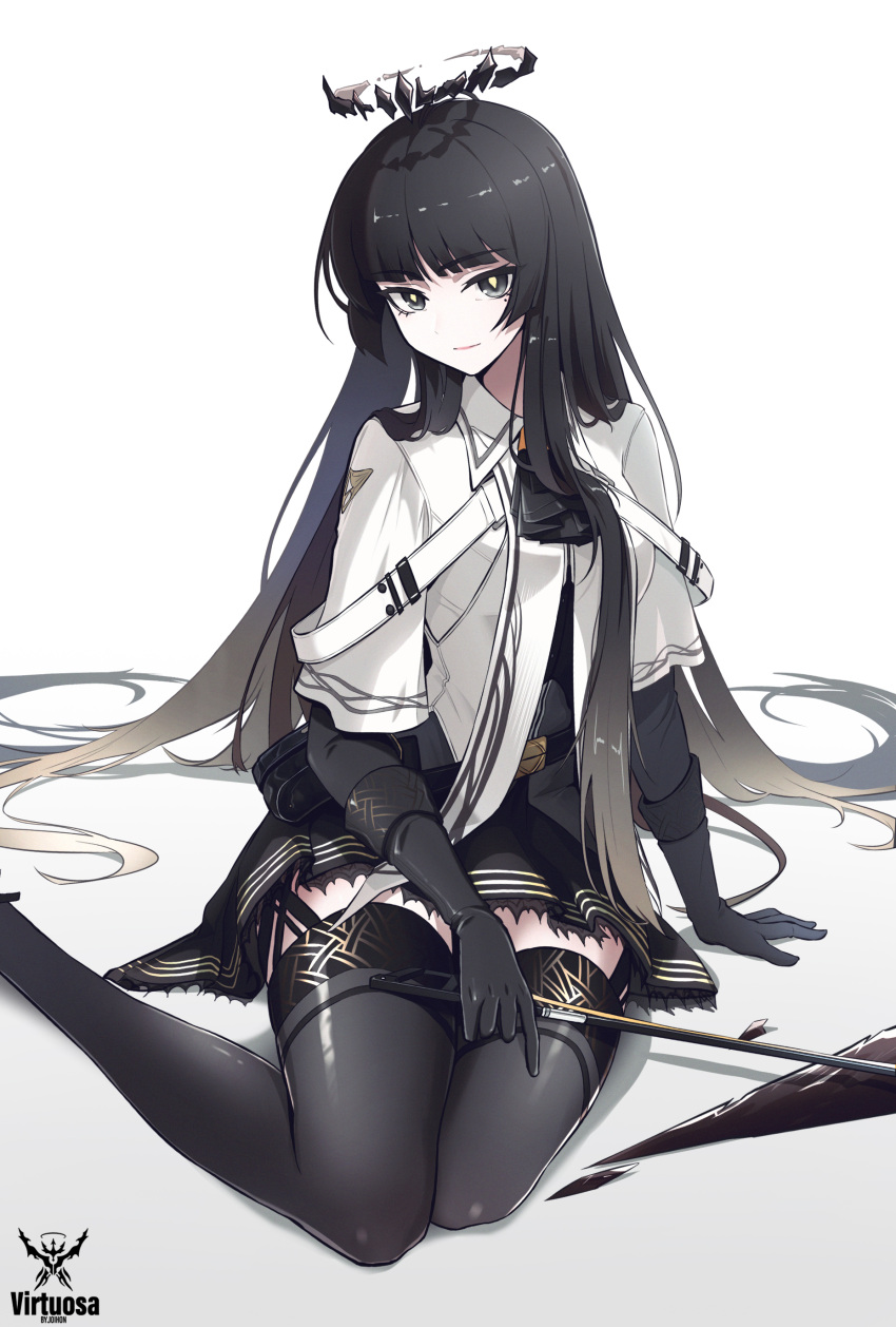 1girl absurdres arknights arm_on_thigh arm_rest arm_support artist_name ascot belt belt_buckle belt_pouch black_ascot black_belt black_bustier black_eyes black_garter_straps black_gloves black_hair black_halo black_pouch black_skirt black_thighhighs blonde_hair blunt_bangs bow_(music) breasts broken_halo buckle bustier buttons character_name collared_jacket colored_inner_hair commentary dark_halo dress_shirt emblem film_grain foot_out_of_frame foreshortening garter_straps gloves gradient_background grey_hair grey_shirt hair_flowing_over hair_spread_out halo highres hime_cut holding holding_bow_(music) invisible_floor jacket joihon layered_sleeves lips lipstick logo long_hair long_sleeves looking_at_viewer makeup medium_breasts miniskirt mole mole_under_eye multicolored_hair pale_skin pink_lips pleated_skirt pouch shadow shards shiny_clothes shiny_legwear shirt short_over_long_sleeves short_sleeved_jacket short_sleeves sidelocks simple_background sitting sitting_sideways skirt solo straight_hair thigh-highs thighs very_long_hair virtuosa_(arknights) white_background white_belt white_jacket wide_sleeves wing_collar yellow_pupils zettai_ryouiki