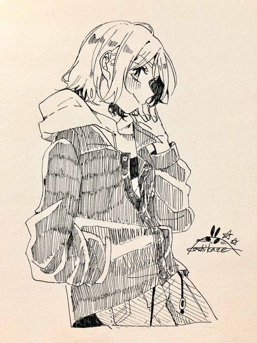 1girl blush closed_mouth commentary_request hand_in_pocket hatching_(texture) highres hood hood_down hoodie jacket kashikaze long_sleeves love_live! love_live!_sunshine!! nib_pen_(medium) short_hair sidelocks signature simple_background solo traditional_media watanabe_you