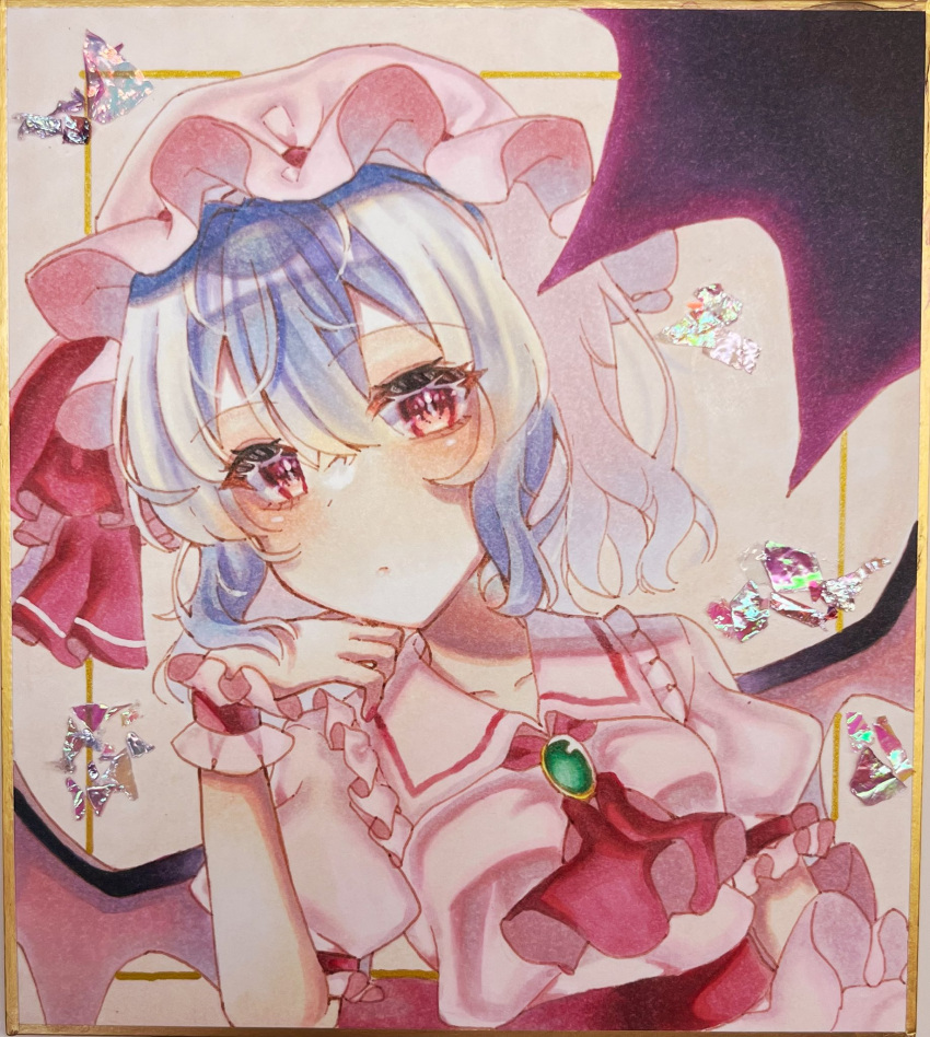1girl ascot bat_wings blue_hair brooch hat hat_ribbon highres jewelry mob_cap pink_headwear pink_shirt puffy_short_sleeves puffy_sleeves red_ascot red_eyes red_ribbon remilia_scarlet ribbon rukuthii45 shirt short_sleeves solo touhou wings wrist_cuffs