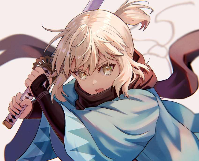 1girl black_scarf blonde_hair blurry bomberca309 depth_of_field fate/grand_order fate_(series) haori highres holding holding_sword holding_weapon japanese_clothes katana looking_at_viewer okita_souji_(fate) okita_souji_(koha-ace) open_mouth ponytail scarf simple_background solo sword teeth upper_body upper_teeth_only weapon white_background yellow_eyes