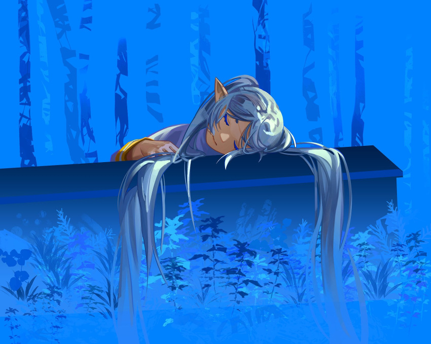 1girl annahy blue_hair blue_theme closed_eyes closed_mouth coffin commentary forest frieren highres long_hair long_sleeves nature outdoors plant pointy_ears sleeping solo sousou_no_frieren twintails