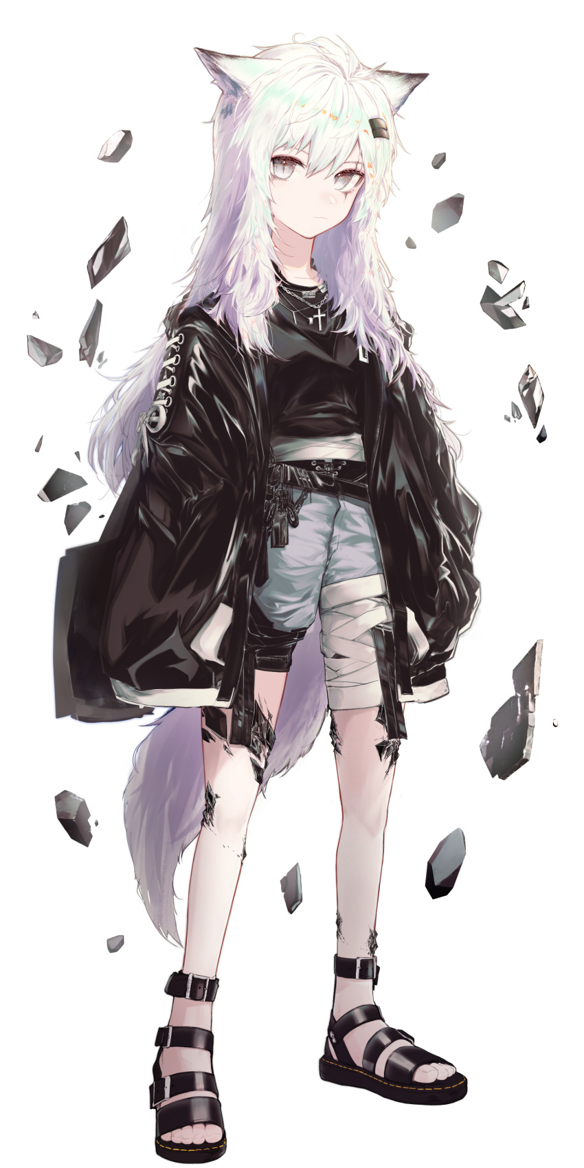 1girl absurdres animal_ears arknights bandaged_leg bandages belt black_belt black_footwear black_jacket black_shirt blue_shorts closed_mouth cross cross_necklace denim denim_shorts full_body grey_eyes hair_ornament highres jacket jewelry lappland_(arknights) leather leather_jacket looking_at_viewer messy_hair necklace open_clothes open_jacket oripathy_lesion_(arknights) runamonet sandals shirt shorts simple_background solo white_background white_hair