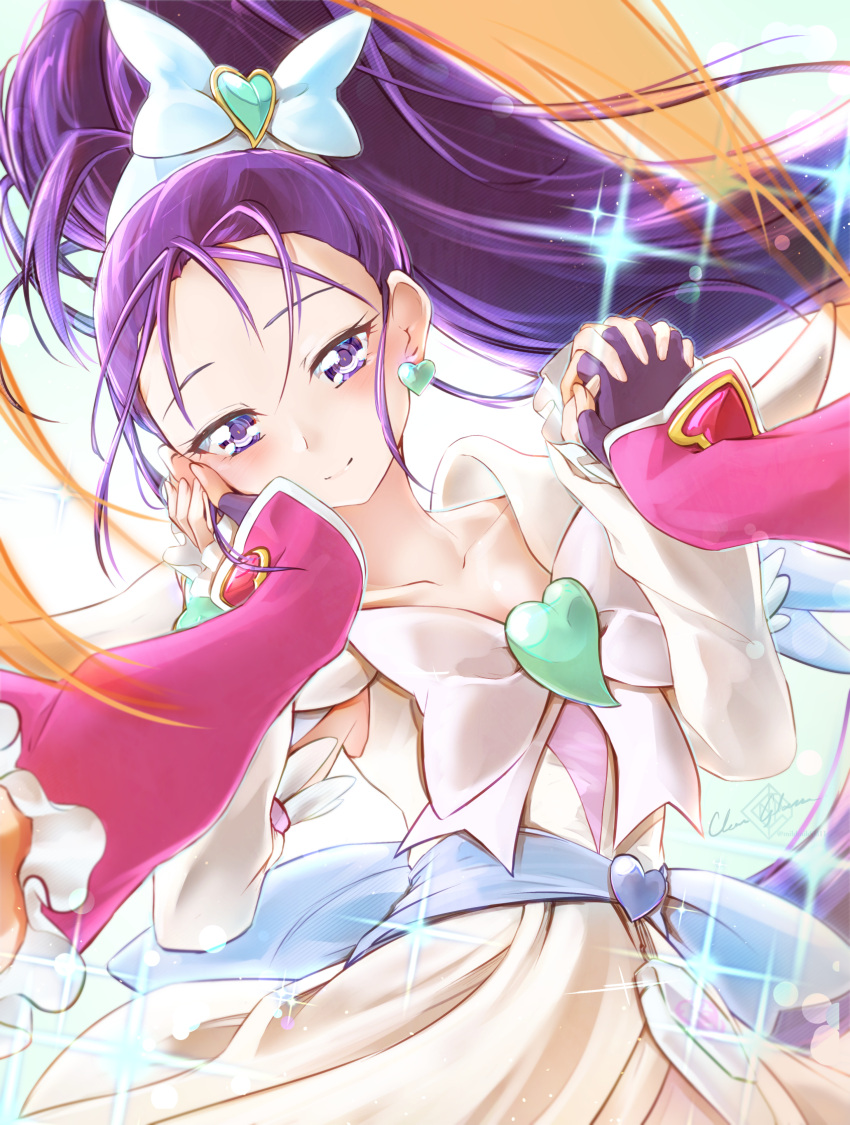 2girls blue_choker brooch choker clear_glass_(mildmild1311) cure_bloom cure_egret earrings futari_wa_precure_splash_star gloves hair_ornament heart heart_brooch high_ponytail highres hyuuga_saki jewelry long_hair looking_at_another magical_girl mishou_mai multiple_girls ponytail precure purple_hair ribbon smile violet_eyes wide_ponytail