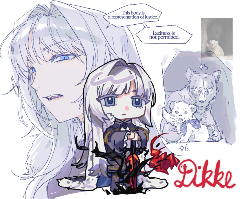 1girl bear blue_eyes cape character_name chibi coat dikke_(reverse:1999) disembodied_limb fur-trimmed_cape fur_trim grey_hair gyeol_124 hair_intakes highres long_hair multiple_views parted_lips photo_inset planted planted_sword polar_bear reverse:1999 solo sword weapon