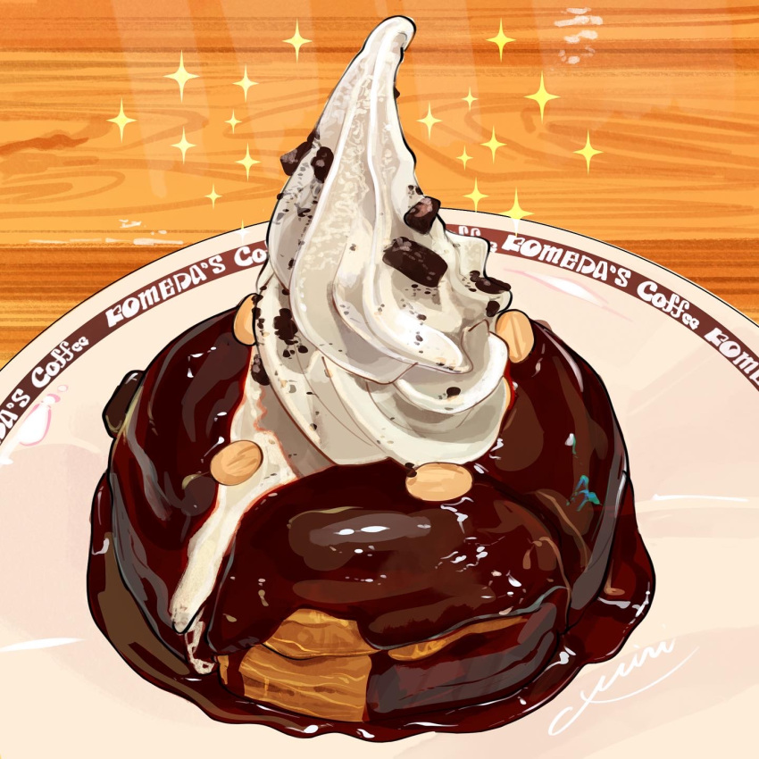 chocolate_syrup food food_focus highres indoors komeda's_coffee miri_illust no_humans original plate restaurant shiro-noir sparkle syrup table whipped_cream wooden_table