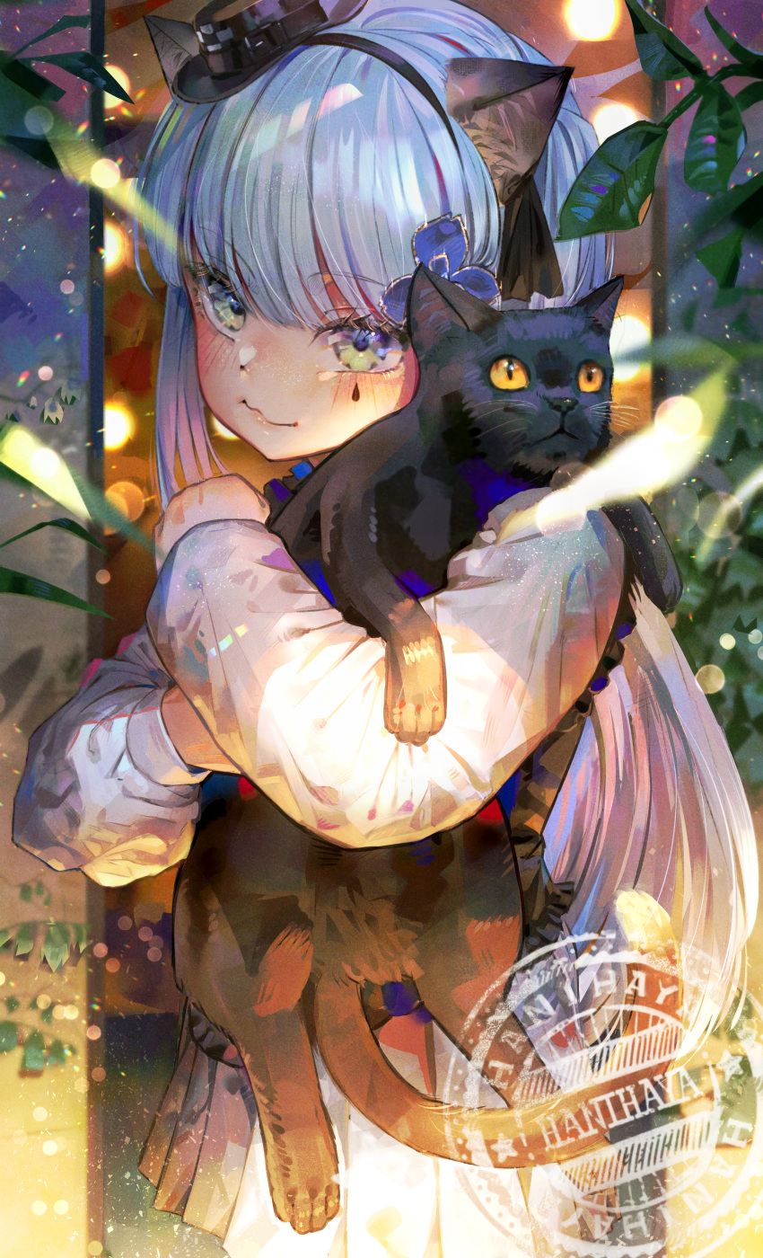 1girl absurdres aged_down animal animal_ears apron artist_name black_apron black_cat black_hairband black_headwear black_ribbon blue_apron blue_flower blush cat cat_ears closed_mouth commentary cowboy_shot dress english_commentary facial_tattoo flower girls_frontline grey_eyes grey_hair hair_flower hair_ornament hair_ribbon hairband hani_haya hat highres hk416_(black_kitty's_gift)_(girls'_frontline) hk416_(girls'_frontline) holding holding_animal holding_cat light_particles long_hair long_sleeves looking_at_viewer mini_hat official_alternate_costume plant pleated_dress ribbon smile solo tattoo teardrop_tattoo watermark white_dress