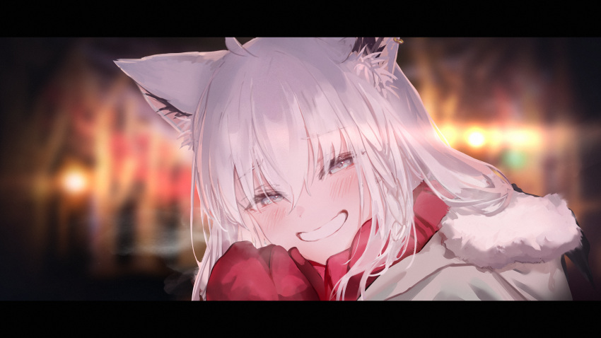 1girl absurdres animal_ears aqua_hair blurry blurry_background braid breath casual coat earrings fox_ears fox_girl fur_trim grin hair_between_eyes highres hololive hyde_(tabakko) jewelry long_hair looking_at_viewer mittens open_mouth red_mittens red_scarf scarf shirakami_fubuki side_braid single_braid single_earring smile solo upper_body virtual_youtuber white_hair winter winter_clothes