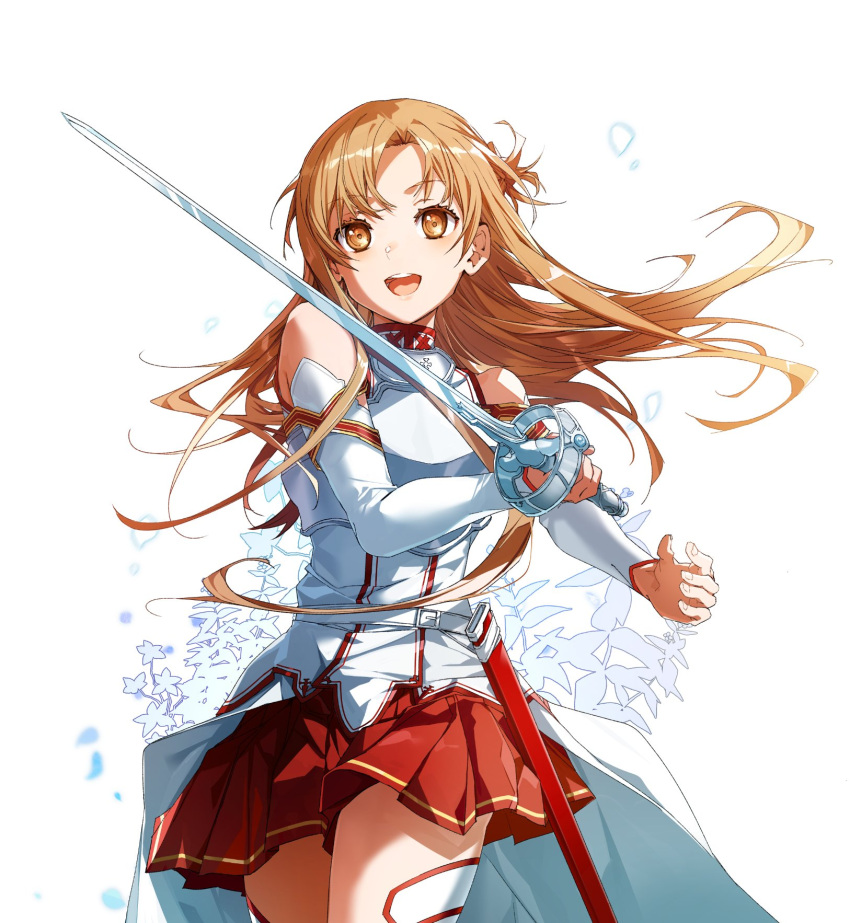 1girl aincrad armor asuna_(sao) blush braid breast_press brown_eyes brown_hair flower highres holding holding_sword holding_weapon knights_of_blood_uniform_(sao) long_hair looking_at_viewer open_mouth rapier smile solo sword sword_art_online thigh-highs weapon white_armor yoru_kiri