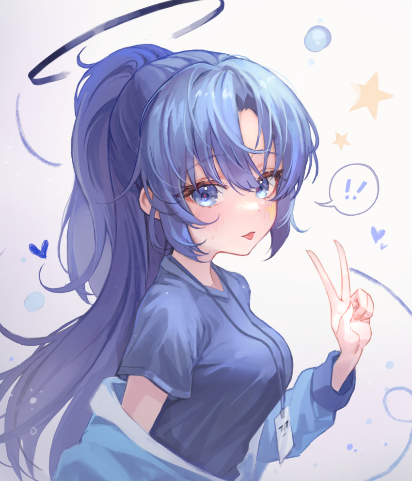 ! !! 1girl blue_archive blue_eyes blue_shirt blush breasts commentary_request dano eyebrows_visible_through_hair hair_between_eyes halo heart highres id_card lanyard long_hair mechanical_halo medium_breasts official_alternate_costume peace_symbol ponytail purple_hair shirt short_sleeves solo spoken_exclamation_mark star_(symbol) tongue tongue_out upper_body v white_background yuuka_(blue_archive) yuuka_(track)_(blue_archive)