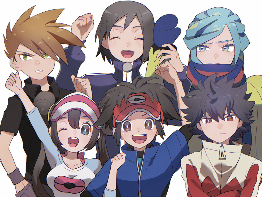 1girl 5boys :d ;d aria_pkmn blue_jacket blue_mittens blue_oak blue_scarf bright_pupils brown_eyes brown_hair calem_(pokemon) clenched_hand closed_eyes collared_shirt commentary_request double_bun green_eyes grusha_(pokemon) hair_bun highres holding_another's_wrist hugh_(pokemon) jacket mittens multiple_boys nate_(pokemon) one_eye_closed open_mouth pokemon pokemon_bw2 pokemon_frlg pokemon_sv pokemon_xy red_headwear rosa_(pokemon) scarf shirt short_hair smile striped striped_scarf teeth tongue turtleneck turtleneck_jacket twintails upper_teeth_only visor_cap white_background white_pupils wristband zipper_pull_tab