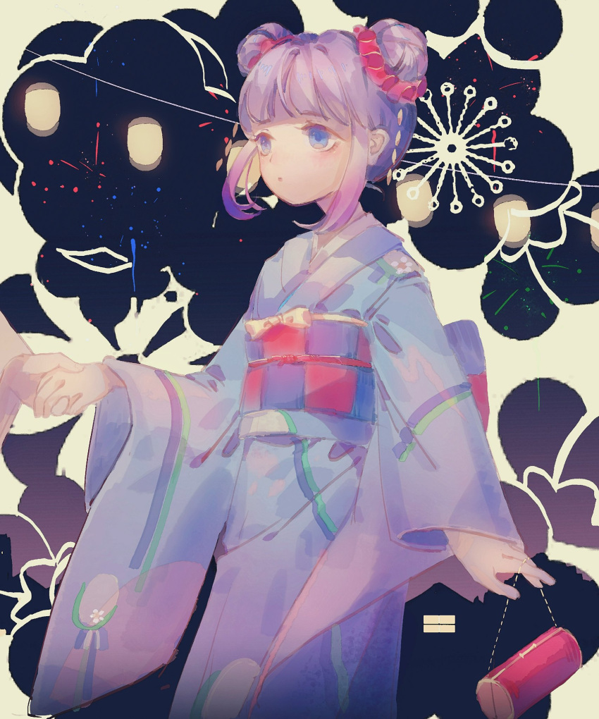 1girl 1other :o back_bow bag blue_bow blue_eyes blue_kimono blue_sash blue_sleeves blunt_bangs bow checkered_sash chinese_commentary colored_tips commentary_request double_bun eyelashes feet_out_of_frame fireworks floral_background floral_print hair_bun hair_ornament hair_scrunchie handbag highres holding holding_bag holding_hands japanese_clothes kimono lantern light_blush long_sleeves looking_ahead multicolored_hair new_year night night_sky obi original out_of_frame paper_lantern parted_lips purple_hair red_bag red_bow red_sash sash scrunchie short_hair sky solo_focus two-tone_bow two-tone_sash white_bow white_sleeves wide_sleeves yanmian_(printemps-noir) yukata