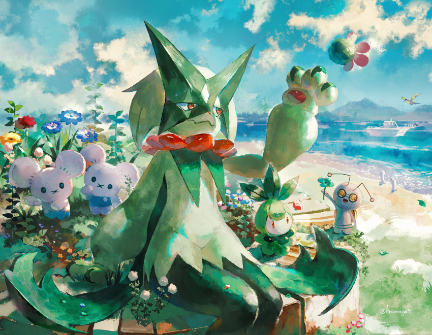 arm_support arm_up blue_flower boat closed_mouth clouds commentary_request day falling_leaves flower gimmighoul grass highres leaf meowscarada nagakura_(seven_walkers) outdoors petilil pokemon red_eyes shore sitting sky tandemaus water watercraft wiglett