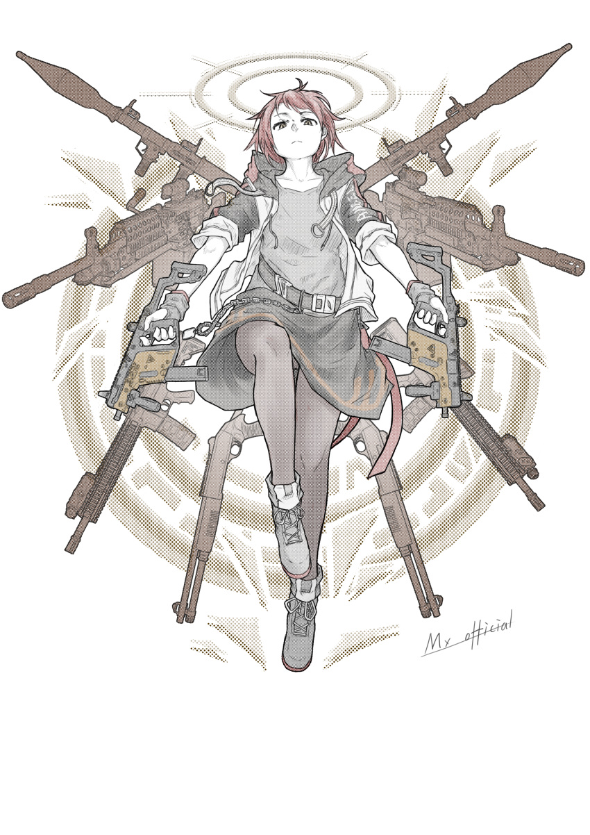 1girl absurdres angel arknights assault_rifle dual_wielding exusiai_(arknights) floating from_below gun halo highres holding jacket kriss_vector leggings light_machine_gun looking_at_viewer mx-nagant open_clothes open_jacket redhead rifle rocket_launcher rpg-7 rpg_(weapon) shotgun signature solo submachine_gun weapon