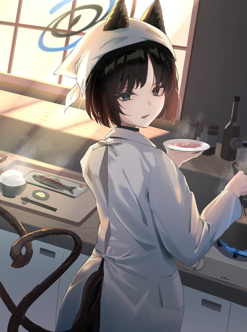 1girl absurdres animal_ears apron black_eyes black_hair blue_archive blue_halo bottle bowl cat_ears chopsticks commentary_request cooking cowboy_shot fish from_behind halo highres holding holding_plate indoors kikyou_(blue_archive) kitchen looking_at_viewer looking_back multiple_tails nanahoshi_teru open_mouth plate rice_bowl short_hair solo standing stove tail white_apron wine_bottle