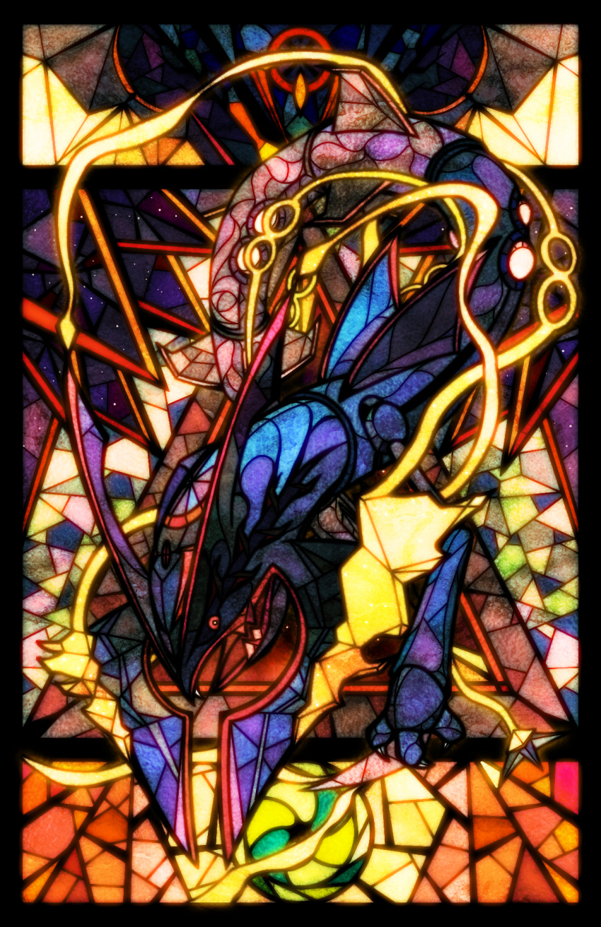 alternate_color animal_focus black_border black_sclera border claws colored_sclera commentary_request dragon eastern_dragon free_butterfree highres looking_at_viewer mega_pokemon mega_rayquaza no_humans open_mouth partial_commentary pokemon pokemon_(creature) rayquaza red_eyes shiny_pokemon solo stained_glass
