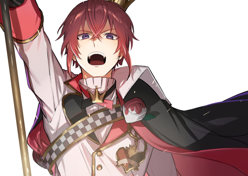 1boy arm_up bishounen black_cape cape checkered_sash crossed_bangs crown crown_ornament flower hair_between_eyes heart-shaped_ornament highres holding holding_staff jacket long_sleeves looking_ahead male_focus mini_crown open_mouth ororooops redhead riddle_rosehearts rose shirt short_hair simple_background solo staff teeth twisted_wonderland upper_teeth_only violet_eyes white_flower white_jacket white_rose white_shirt