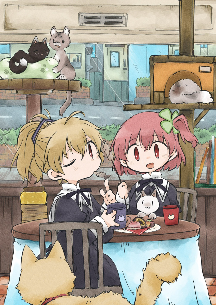 2girls :d andou_tazusa animal animal-themed_food assault_lily black_ribbon black_skirt blonde_hair blush book building cafe cat cat_cafe cat_teaser cat_tower chair closed_mouth clover_hair_ornament commentary_request cookie cropped_jacket crossed_bangs cup day doughnut eating food food_in_mouth four-leaf_clover_hair_ornament hair_between_eyes hair_ornament hair_ribbon hand_up hands_up high-waist_skirt highres hitotsuyanagi_riri holding holding_cup holding_food indoors juliet_sleeves long_sleeves looking_at_viewer looking_to_the_side mug multiple_girls neck_ribbon on_chair one_eye_closed one_side_up open_mouth pink_hair plate ponytail puffy_sleeves red_eyes ribbon road school_uniform short_hair sitting skirt smile street striped striped_ribbon table toyo_(sameden46) window yurigaoka_girls_academy_school_uniform