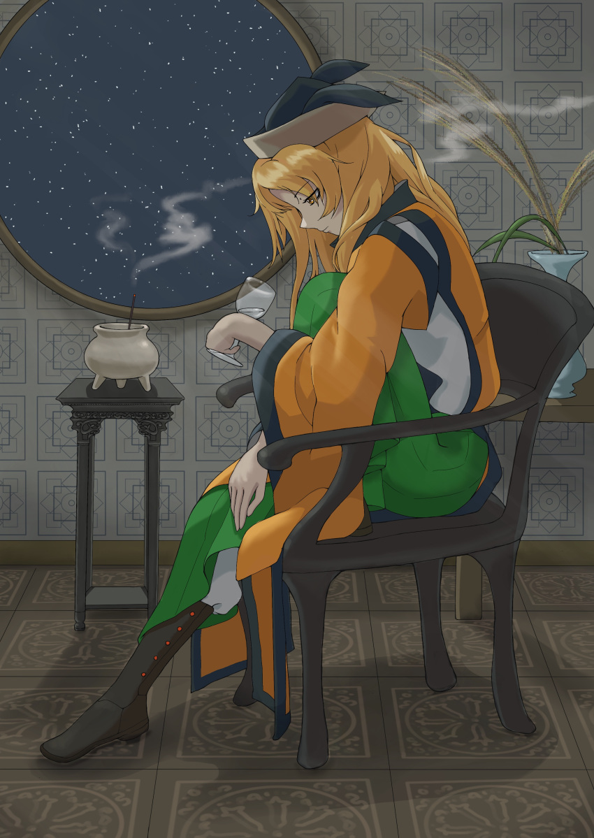 1girl absurdres aoiueo12 armchair blonde_hair boots chair cup drinking_glass green_skirt hat highres holding holding_cup incense knee_up long_hair long_sleeves looking_at_cup matara_okina orange_tabard sitting skirt smoke solo tabard touhou wide_sleeves yellow_eyes