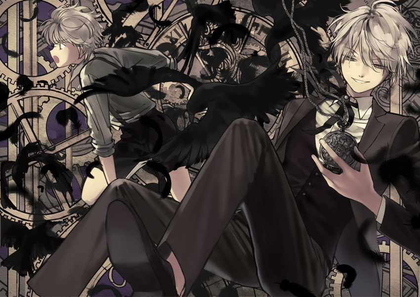 2boys analog_clock bird black_footwear black_pants black_ribbon black_shorts black_suit black_vest clock collared_shirt crow dual_persona foot_out_of_frame gears grey_eyes grey_hair hair_between_eyes highres holding holding_pocket_watch jacket jidou_neko lapels long_sleeves looking_ahead looking_at_object looking_at_viewer male_focus multiple_boys neck_ribbon notched_lapels open_clothes open_jacket open_mouth original pants parted_lips pocket_watch profile ribbon shirt shoe_soles shoes short_hair shorts sitting suit suspenders vest watch white_shirt