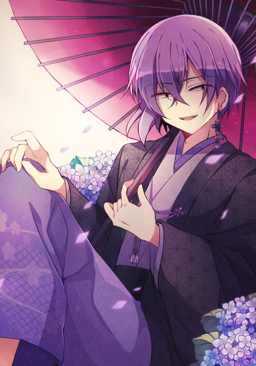 1boy :d alternate_costume asa_no_ha_(pattern) black_jacket bluestar_iz crossed_bangs earrings falling_petals feet_out_of_frame flower hair_between_eyes hand_on_own_knee haori highres holding holding_umbrella hydrangea jacket japanese_clothes jewelry kimono knees_up long_sleeves looking_at_viewer oil-paper_umbrella open_clothes open_jacket petals pink_umbrella purple_flower purple_hair purple_kimono red_eyes short_hair single_earring single_sidelock sirius_gibson smile tassel tassel_earrings teeth umbrella upper_teeth_only white_background witch's_heart