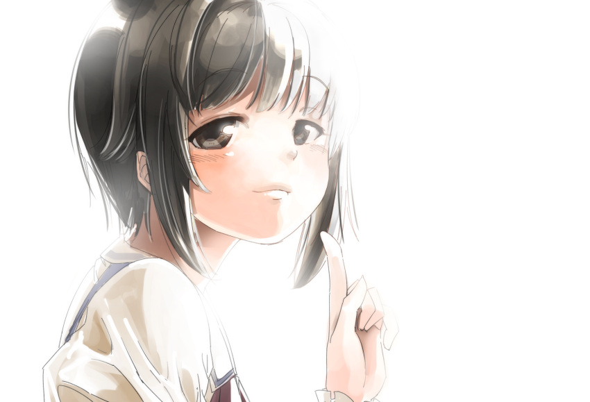 1girl black_hair blush brown_eyes closed_mouth commentary_request from_side hand_up highres idolmaster idolmaster_cinderella_girls idolmaster_cinderella_girls_starlight_stage index_finger_raised koshimizu_sachiko looking_at_viewer looking_to_the_side shirt simple_background solo suspenders upper_body white_background white_shirt yukie_(kusaka_shi)