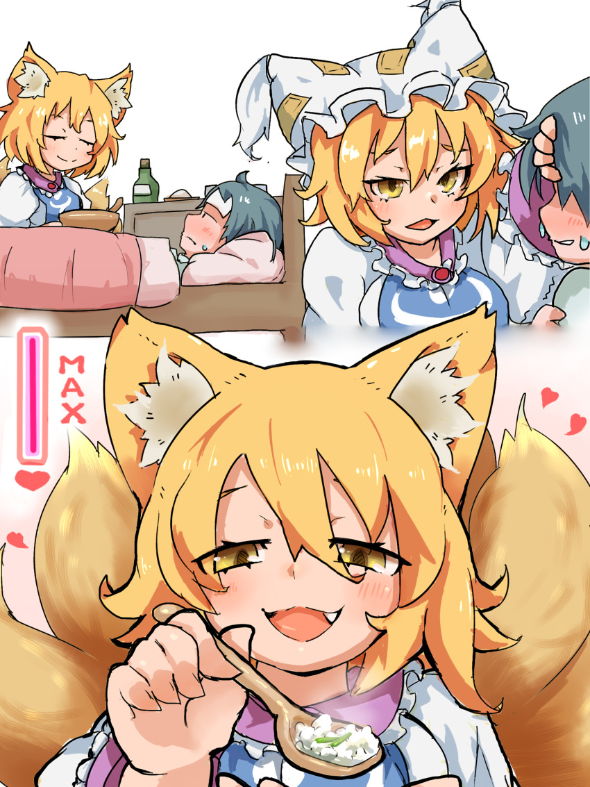 1boy 1girl :3 absurdres affection_meter affectionate animal_ears animal_hat bed blonde_hair blush bottle breasts commentary_request dress eyes_visible_through_hair faceless faceless_male fang feeding fever fox_ears fox_girl fox_tail grey_hair hair_between_eyes hat heart highres holding holding_spoon incoming_food kitsune kyuubi large_breasts long_bangs long_sleeves looking_at_viewer mob_cap multiple_tails open_mouth pillow rice short_hair sick smile spoon table tail touhou unworn_hat unworn_headwear upper_body white_dress white_headwear yakumo_ran yellow_eyes yoshiyuki_(14330975)