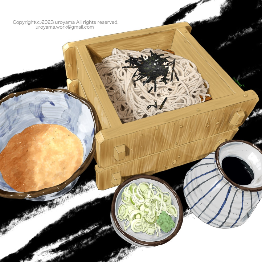 artist_name bowl copyright_notice email_address food food_focus highres no_humans noodles original sauce soba still_life uroyama_(macrophage)