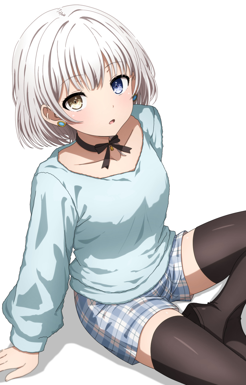 1girl absurdres arms_at_sides bang_dream! bang_dream!_it's_mygo!!!!! black_bow black_bowtie black_choker black_footwear blue_eyes blue_shorts blue_sweater boots bow bow_choker bowtie breasts choker collarbone commentary earrings from_above heterochromia highres indian_style jewelry kaname_raana knees_out_of_frame light_blush long_sleeves looking_at_viewer looking_up medium_breasts medium_hair noshimurin official_alternate_costume parted_lips plaid plaid_shorts shadow shorts simple_background sitting solo stud_earrings sweater thigh_boots white_background white_hair yellow_eyes