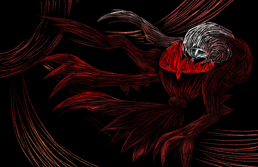 1other black_background blue_sclera colored_sclera colored_skin commentary_request darkrai free_butterfree full_body highres long_hair no_lineart other_focus pokemon pokemon_(creature) red_skin solo white_eyes white_hair