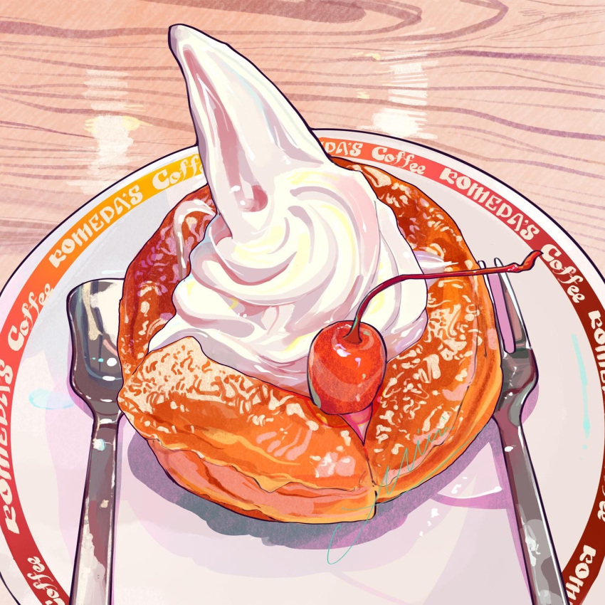 cherry food food_focus fork fruit highres indoors komeda's_coffee miri_illust no_humans original pastry plate restaurant shiro-noir spoon table whipped_cream wooden_table