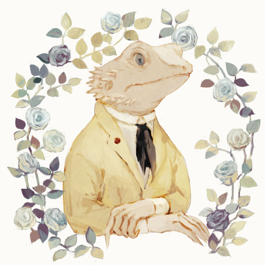 animal animal_focus ascot bearded_dragon black_ascot blue_flower blue_rose closed_mouth clothed_animal crossed_arms flower grey_eyes high_collar highres jacket lizard no_humans original purple_flower purple_rose rose simple_background sleeve_cuffs slit_pupils tono_(rt0no) upper_body white_background yellow_jacket