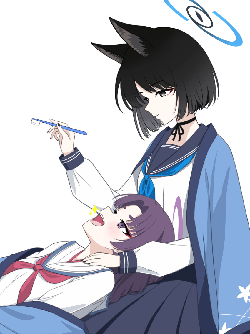 2girls 4_m_lacra :d absurdly_long_hair animal_ear_fluff animal_ears black_choker black_eyes black_hair black_skirt blue_archive cat_ears cat_girl choker commentary_request eyeshadow halo highres holding holding_toothbrush japanese_clothes kikyou_(blue_archive) long_hair long_sleeves looking_at_another lying_on_lap makeup multiple_girls open_mouth parted_bangs pleated_skirt purple_hair red_eyeshadow school_uniform serafuku short_hair sidelocks simple_background skirt smile teeth thick_eyebrows toothbrush upper_teeth_only very_long_hair violet_eyes white_background white_serafuku yukari_(blue_archive)